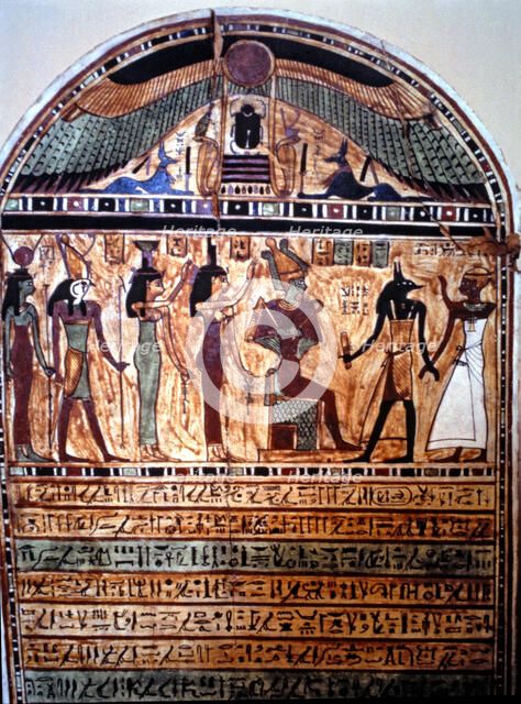 Stela in painted wood from Thebes, representing Anubis leading the deceased before Osiris with Ho…