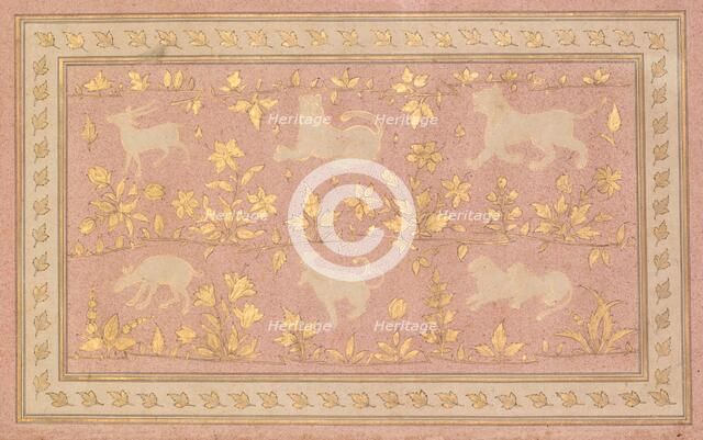 Stenciled Scenes of Lion and Gazelle, c. 1710. Creator: Unknown.