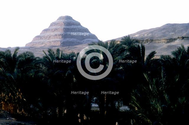 Step Pyramid of King Djoser behind the Nile's flood plain, Saqqara, Egypt, 3rd Dynasty, c2600 BC. Artist: Imhotep