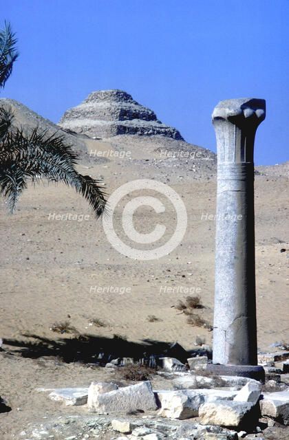 Step Pyramid of King Djoser (Zozer) behind ruins of temple, Saqqara, Egypt, c2600 BC. Artist: Imhotep