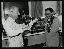 Stephane Grappelli and Claude Fiddler Williams at the Forum Theatre, Hertfordshire, 1980. Creator: Denis Williams