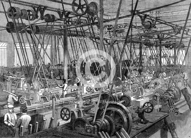 Stephenson's locomotive manufactory at Newcastle-On-Tyne: the lathe and tool shop, 1864. Creator: Unknown.