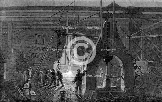 Stephenson's locomotive manufactory at Newcastle-On-Tyne: the steam-hammer, 1864. Creator: Mason Jackson.