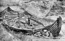 Stern view of the Oseberg Viking ship after months of excavation, Norway, c1904-1905