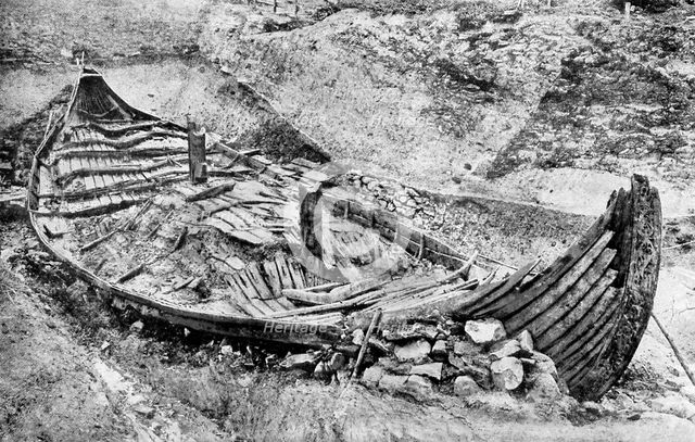 Stern view of the Oseberg Viking ship after months of excavation, Norway, c1904-1905. Artist: Unknown