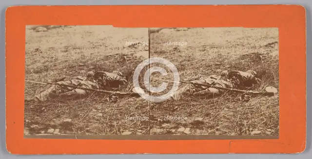 Stereograph of a deceased soldier on the battlefield after Gettysburg, 1863. Creator: Alexander Gardner.