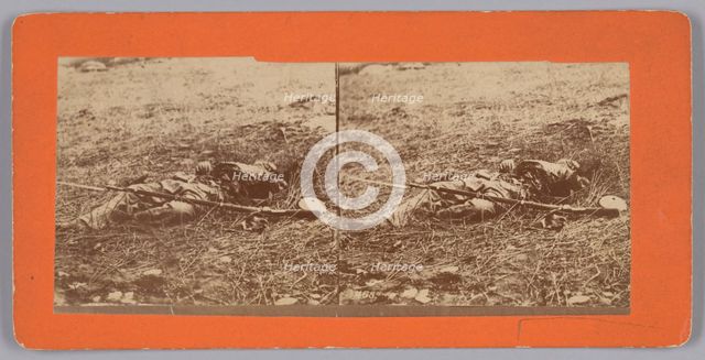 Stereograph of a deceased soldier on the battlefield after Gettysburg, 1863. Creator: Alexander Gardner.