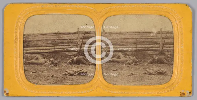 Stereograph of deceased Confederate soldiers near a fence at Antietam, Maryland, 1862. Creator: Alexander Gardner.