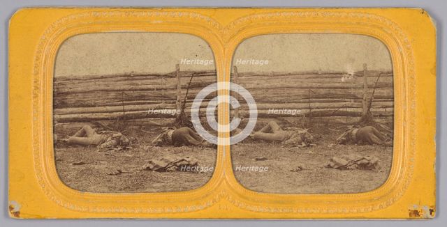 Stereograph of deceased Confederate soldiers near a fence at Antietam, Maryland, 1862. Creator: Alexander Gardner.
