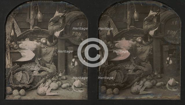 Stereograph Still-life of Fowl with Initialed Barrel and Root Vegetables, 1850s. Creator: Thomas Richard Williams.