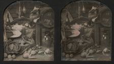 Stereograph Still-life of Fowl with Initialed Barrel and Root Vegetables, 1850s. Creator: Thomas Richard Williams
