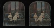 [Stereograph, Two Children Standing Between Furniture in a Studio Parlor Setting], ca. 1855. Creator: Antoine Francois Jean Claudet