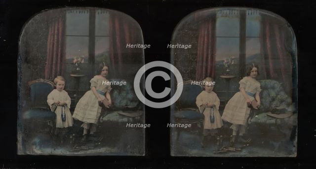 [Stereograph, Two Children Standing Between Furniture in a Studio Parlor Setting], ca. 1855. Creator: Antoine Francois Jean Claudet.