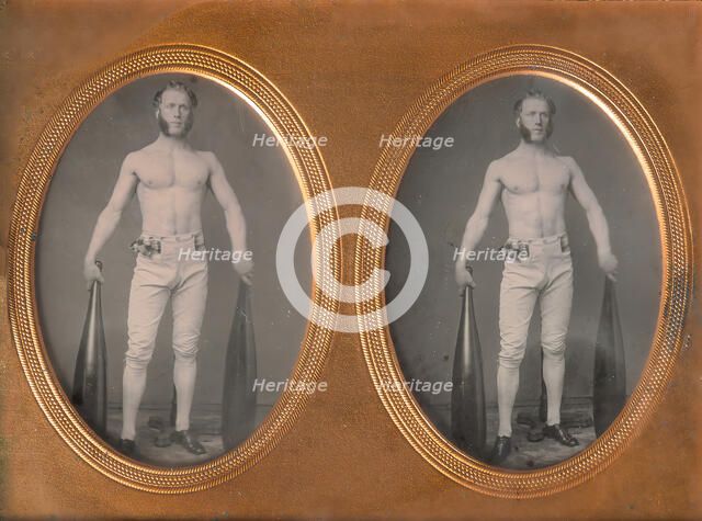 Stereoscopic Case, Partially Nude Strongman Holding Indian Clubs, 1853-60s. Creator: Unknown.