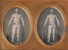 Stereoscopic Case, Partially Nude Strongman Holding Indian Clubs, 1853-60s. Creator: Unknown