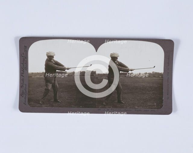 Stereoscopic card of JH Taylor playing a shot, c1920. Artist: Unknown