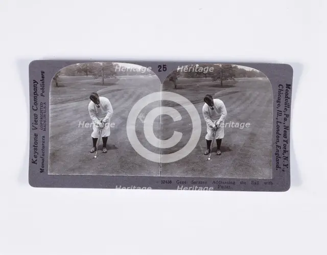 Stereoscopic card showing Bobby Jones addressing the ball for a mashie pitch, c1900.  Creator: Unknown.