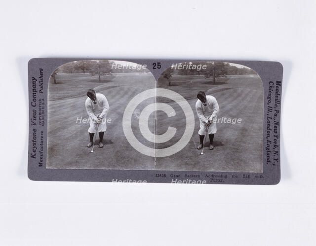 Stereoscopic card showing Bobby Jones addressing the ball for a mashie pitch, c1900. Artist: Unknown