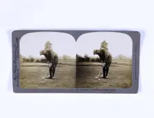 Stereoscopic card showing Harry Vardon pitching his ball over his opponent's, c1900. Creator: Unknown