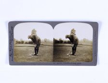 Stereoscopic card showing Harry Vardon pitching his ball over his opponent's, c1900. Creator: Unknown