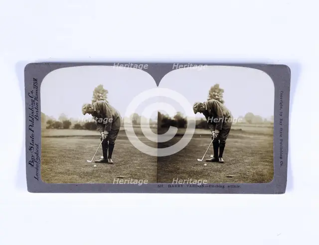 Stereoscopic card showing Harry Vardon pitching his ball over his opponent's, c1900.  Creator: Unknown.
