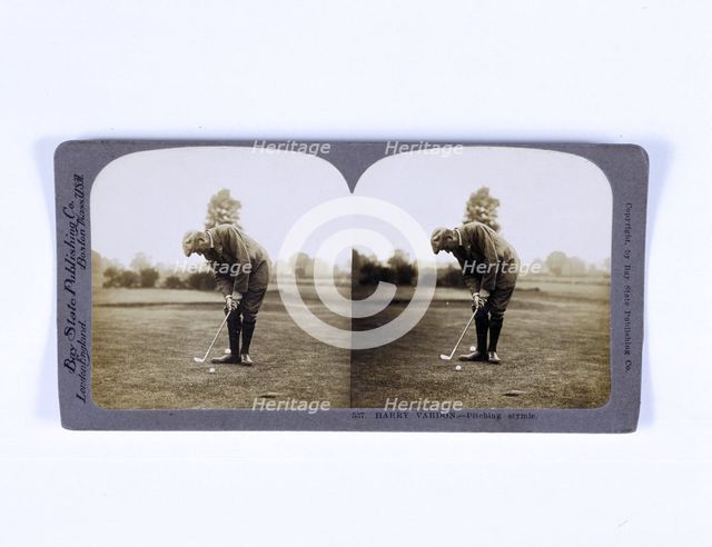 Stereoscopic card showing Harry Vardon pitching his ball over his opponent's, c1900.  Creator: Unknown.