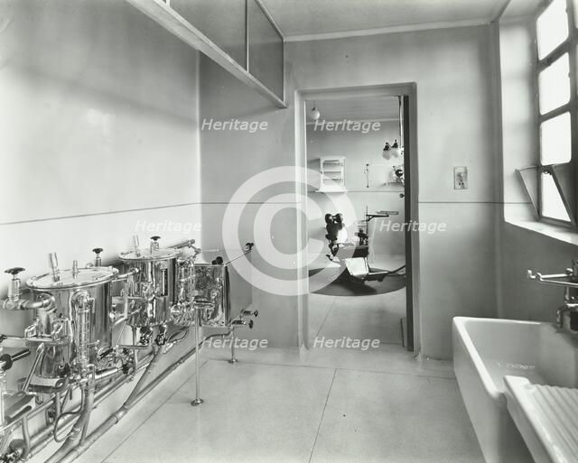 Sterilizing and dental theatre, Saint Ebba's Hospital, Surrey, 1938. Artist: Unknown.