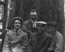 Sterling, George and Herman Scheffauer, with two other men, in front of a redwood, c1906-1911. Creator: Arnold Genthe