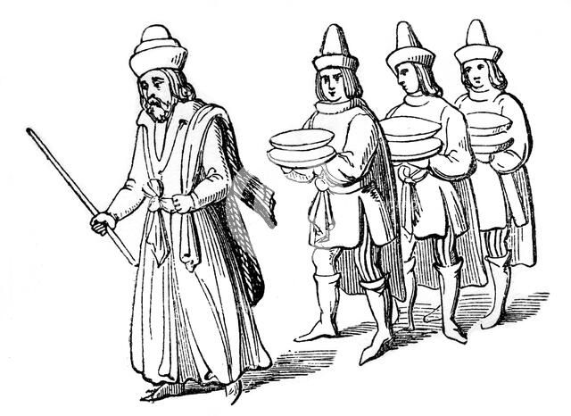 Steward and serving men, 15th century, (1910). Artist: Unknown