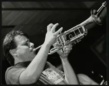 Steve Waterman playing the trumpet at The Fairway, Welwyn Garden City, Hertfordshire, 10 May 1992. Creator: Denis Williams