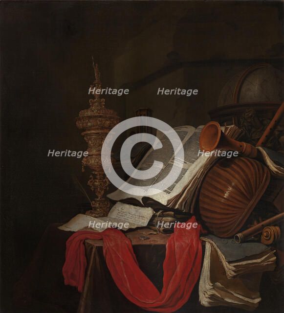 Still life with musical instruments and books (Vanitas). Artist: Vermeulen, Jan (active 1638-1674)