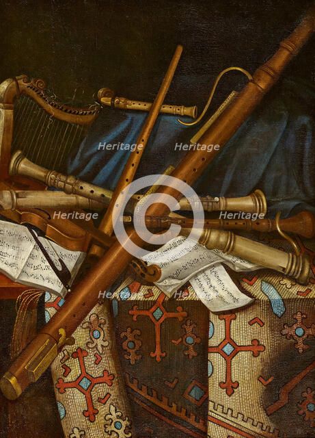 Still life with musical instruments and sheets music, First Half of 17th cen.. Creator: Benedetti, Andrea (c. 1615-c. 1649).