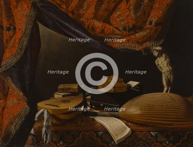 Still life with Musical Instruments, Books and Sculpture, c. 1650. Artist: Baschenis, Evaristo (1617-1677)