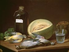 Still Life with Melon and Birds oil on canvas by José Lopez Enguidanos