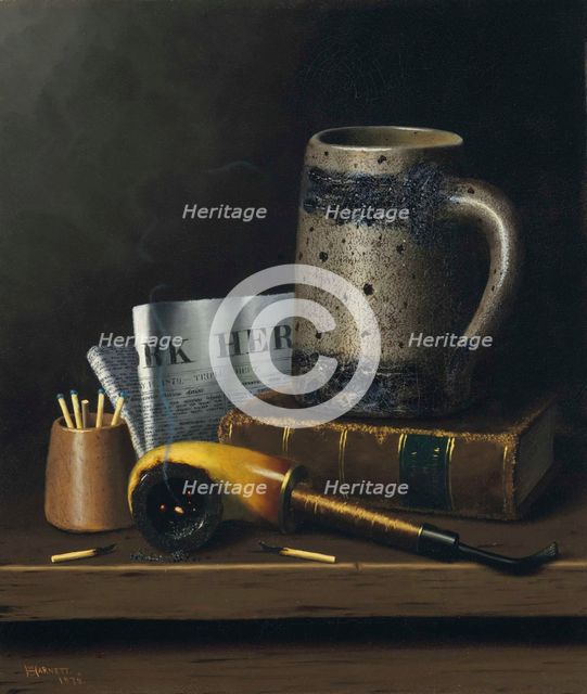 Still Life with New York Herald, Beer Stein and Pipe, 1879. Creator: Harnett, William Michael (1848-1892).