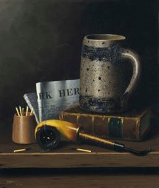 Still Life with New York Herald, Beer Stein and Pipe, 1879. Creator: Harnett, William Michael (1848-1892)