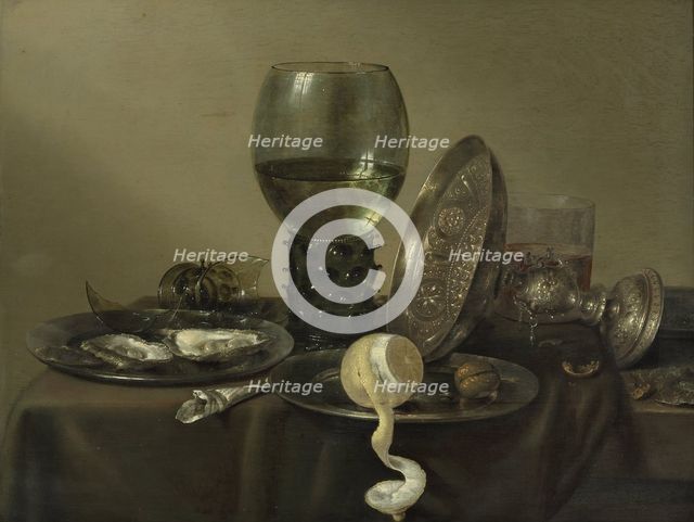 Still Life with Oysters, a Rummer, a Lemon and a Silver Bowl, 1634. Artist: Heda, Willem Claesz (1594-1680)