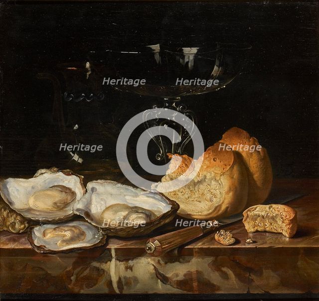 Still life with oysters, bread and Venetian wine glass, 1661. Creator: Fromantiou, Henri de (c. 1633/34-after 1693).