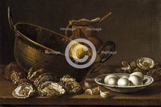 Still life with oysters, garlic and eggs, 1772. Artist: Meléndez, Luis Egidio (1716-1780)