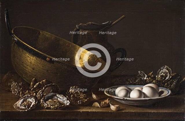 Still life with oysters, garlic, eggs, pear and pot.