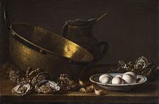 Still life with oysters, garlic, eggs, pear and pot