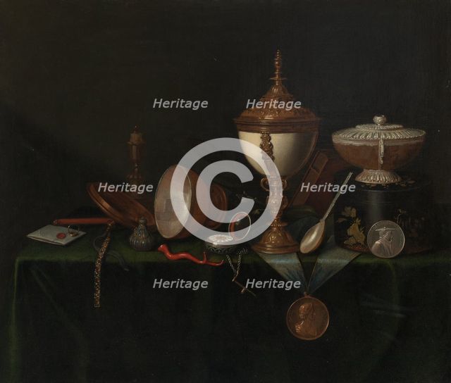 Still Life with Ostrich Egg Cup and the Whitfield Heirlooms, c. 1670. Creator: Pieter Gerritsz van Roestraeten.
