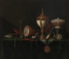 Still Life with Ostrich Egg Cup and the Whitfield Heirlooms, c. 1670. Creator: Pieter Gerritsz van Roestraeten