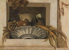 Still Life with a Bowl of Corn, Artichokes, Grapes and a Parrot, 1645-1650. Creator: Jacob van Campen
