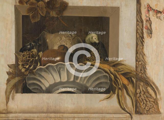 Still Life with a Bowl of Corn, Artichokes, Grapes and a Parrot, 1645-1650. Creator: Jacob van Campen.