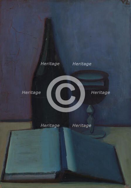Still Life with a Book, a Glass and a Bottle, 1927. Creator: Vilhelm Lundstrom.