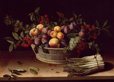Still Life with a Basket of Fruit and a Bunch of Asparagus, 1630. Creator: Louise Moillon