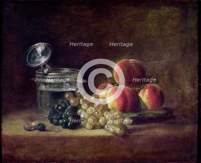 Still Life with a Basket of Peaches, White and Black Grapes, Cooler and Wineglass. Artist: Chardin, Jean-Baptiste Siméon (1699-1779)