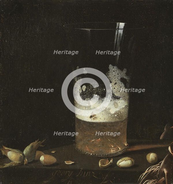 Still Life with a Glass of Beer and Nuts, 1645. Creator: Georg Hainz.
