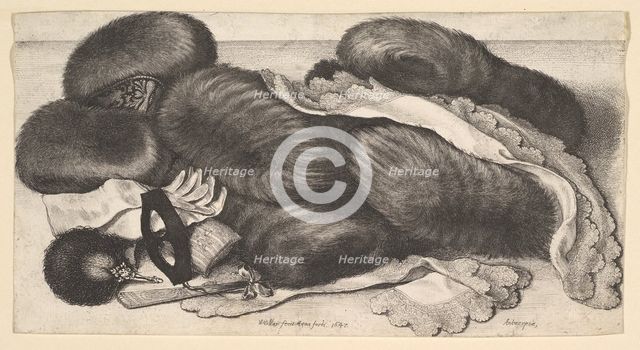 Still-life with a group of muffs, a pair of gloves, fans, mask and two kerchiefs, 1647. Creator: Wenceslaus Hollar.
